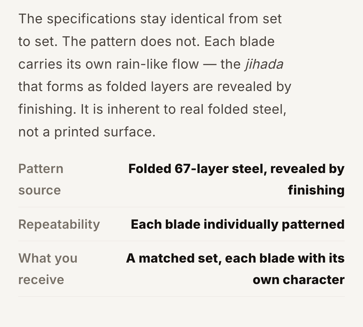 The pattern is inherent to folded steel, not printed
